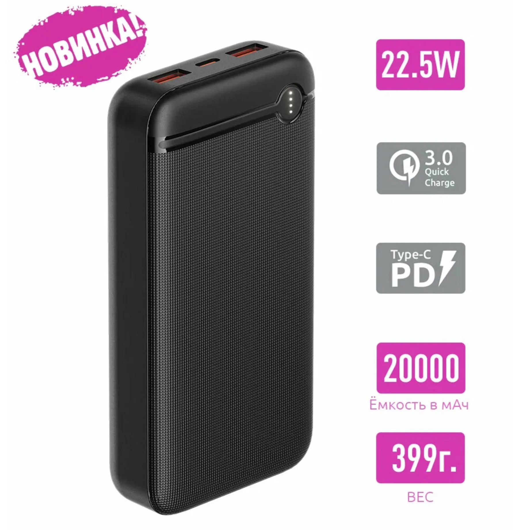 Внешний аккумулятор OLMIO P-20, 20000mAh, 20W, QuickCharge3.0/PowerDelivery, черный