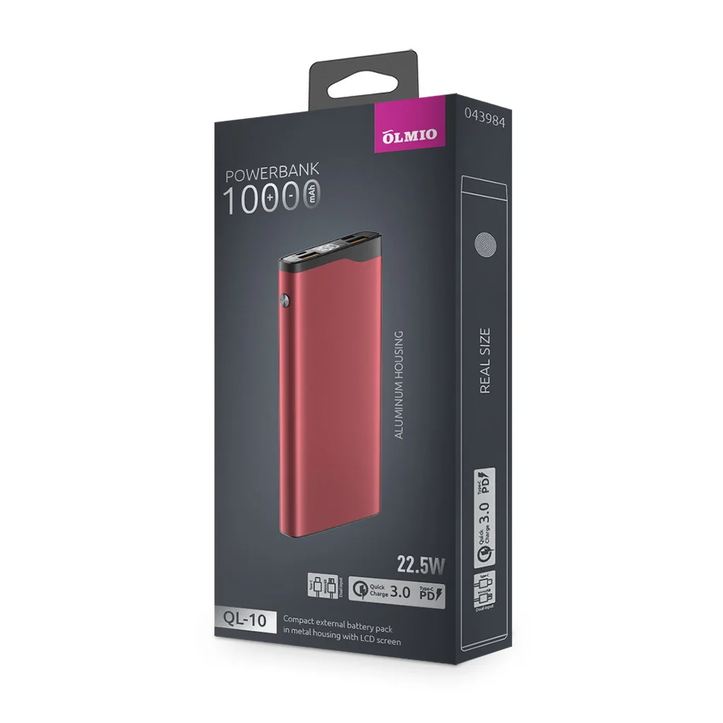 Внешний аккумулятор OLMIO QL-10, 10000mAh, 22.5W, QuickCharge3.0/PowerDelivery, LCD, серый