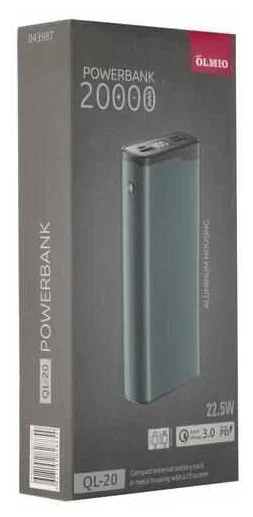 Внешний аккумулятор OLMIO QL-20, 20000mAh, 22.5W, QuickCharge3.0/PowerDelivery, LCD, серый