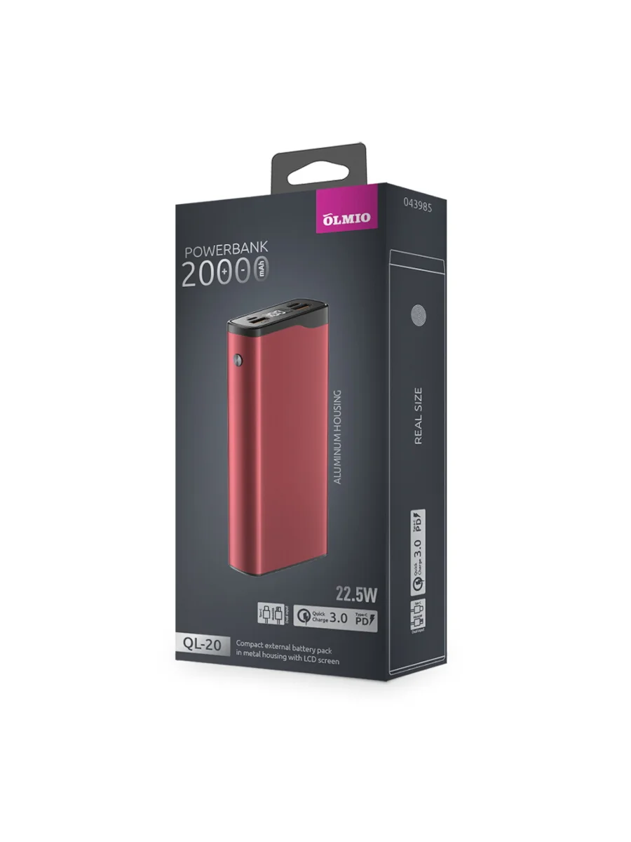 Внешний аккумулятор OLMIO QL-20, 20000mAh, 22.5W, QuickCharge3.0/PowerDelivery, LCD, серый