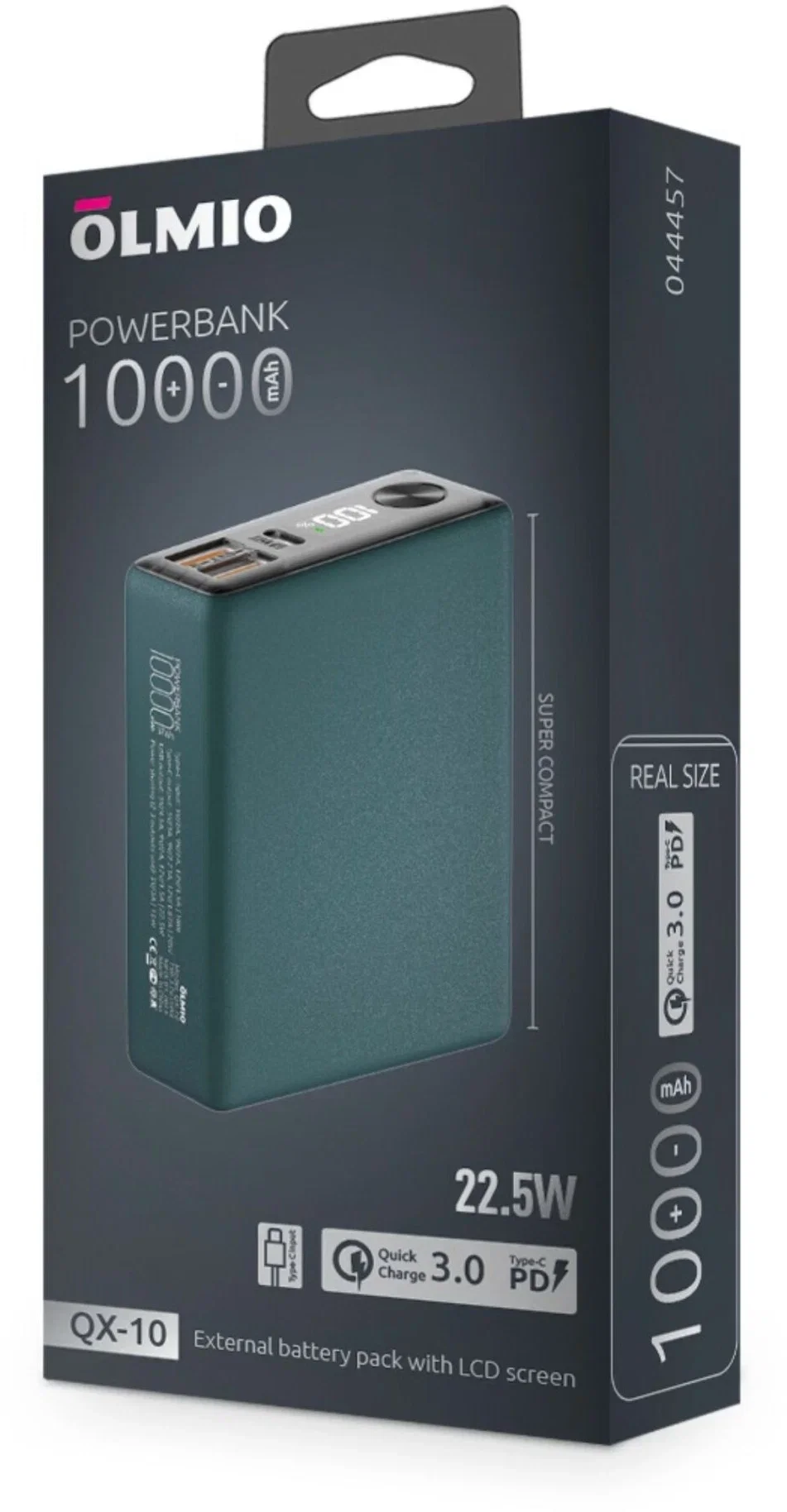 Внешний аккумулятор OLMIO QR-10, 10000mAh, 22.5W, QuickCharge3.0/PowerDelivery, LCD, серый