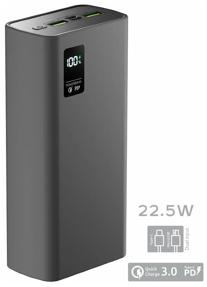 Внешний аккумулятор OLMIO QR-30, 30000mAh, 22.5W, QuickCharge3.0/PowerDelivery, LCD, серый