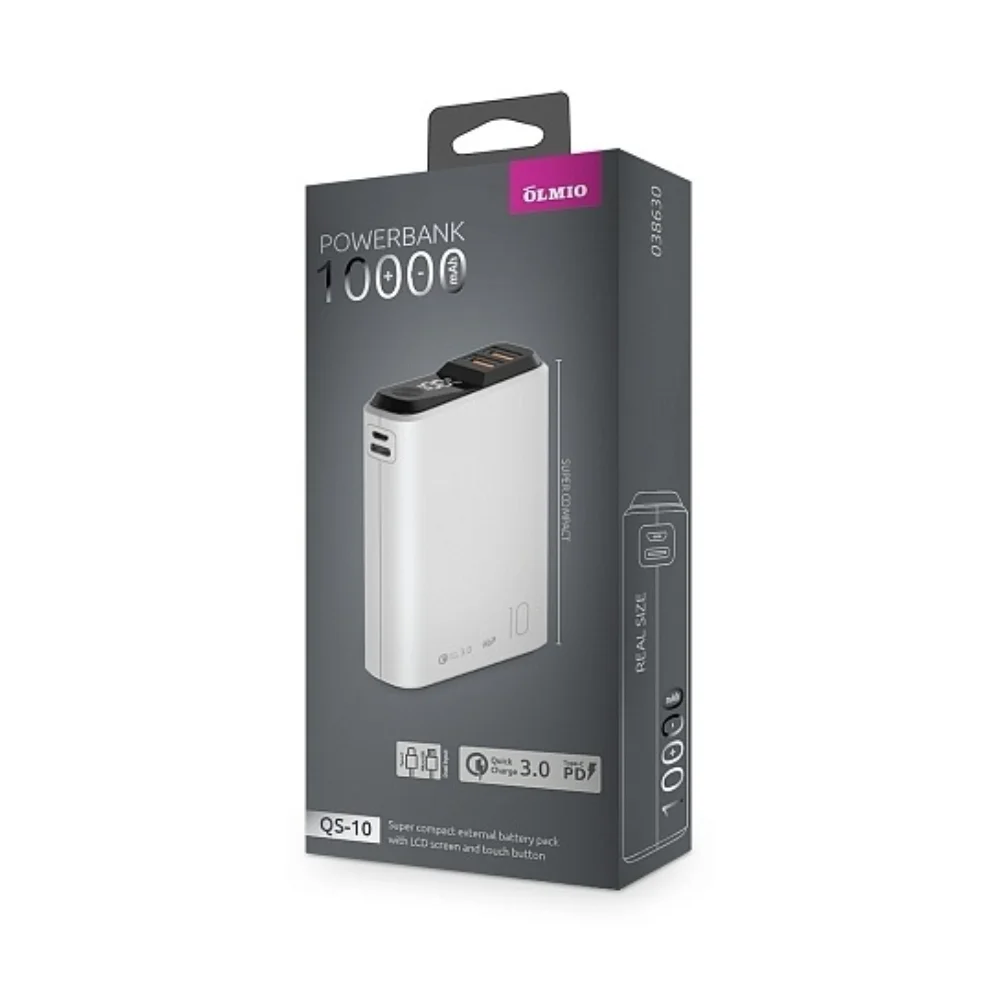 Внешний аккумулятор OLMIO QS-10, 10000mAh, 22.5W QuickCharge3.0/PowerDelivery, LCD, белый