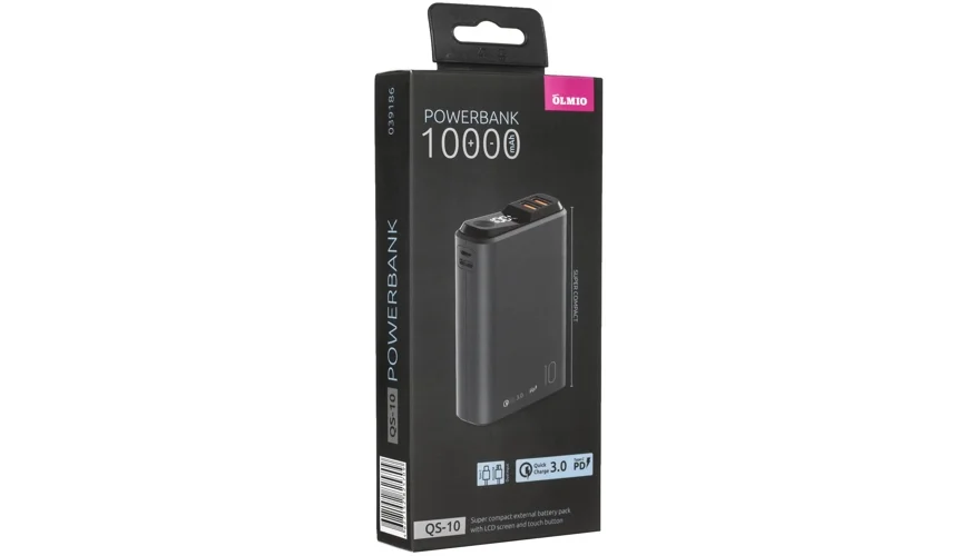 Внешний аккумулятор OLMIO QS-10, 10000mAh, 22.5W QuickCharge3.0/PowerDelivery, LCD, темно-серый