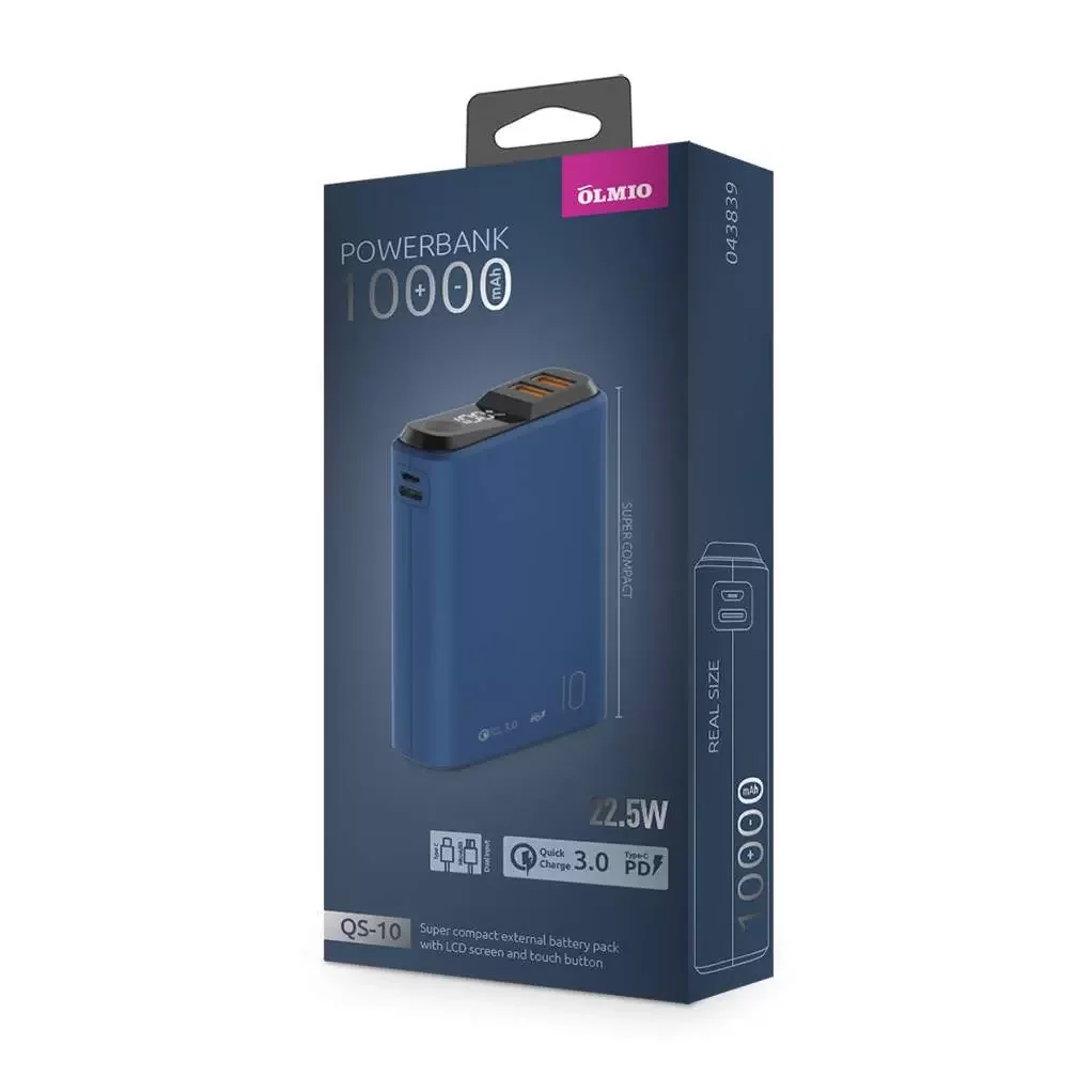 Внешний аккумулятор OLMIO QS-10, 10000mAh, 22.5W, QuickCharge3.0/PowerDelivery, LCD, темно-синий