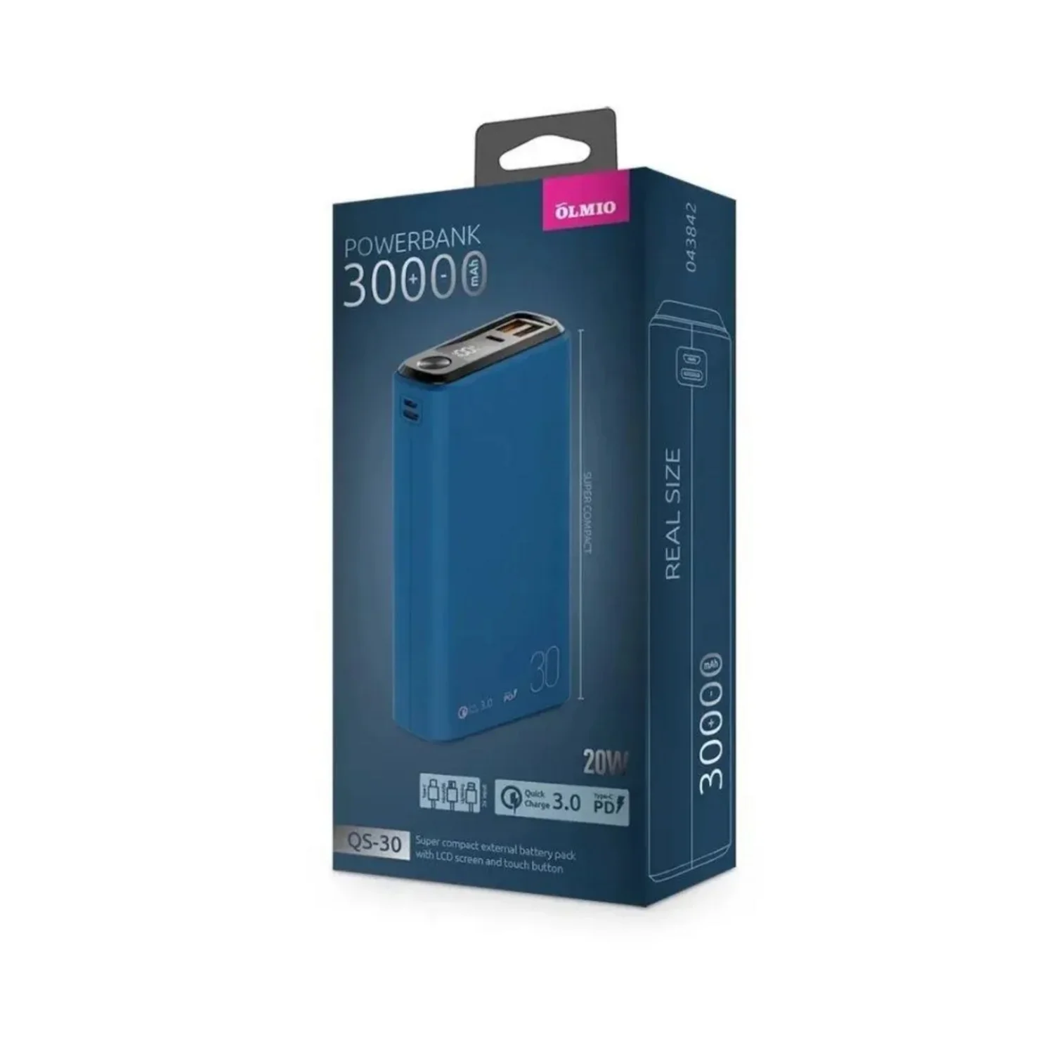 Внешний аккумулятор OLMIO QS-30, 30000mAh, 22.5W, QuickCharge3.0/PowerDelivery, LCD, темно-зеленый