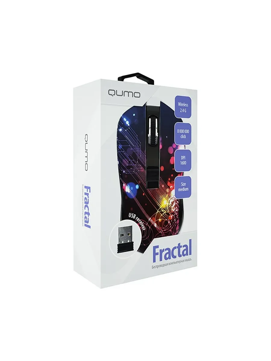 Мышь беспроводная Qumo Fractal M25 черный, 1600 dpi, радиоканал, USB, кнопки - 4