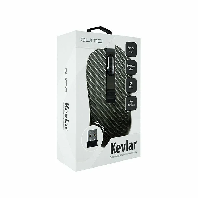 Мышь беспроводная Qumo Kevlar M26 черный, 1600 dpi, радиоканал, USB, кнопки - 4