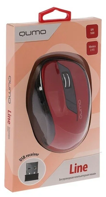 Мышь беспроводная Qumo Office Line M62 красный, 1600 dpi, радиоканал, USB, кнопки - 6