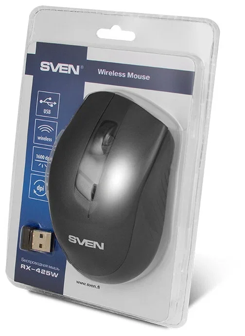 Мышь беспроводная SVEN RX-425W серый, 1600 dpi, радиоканал, USB, кнопки - 6