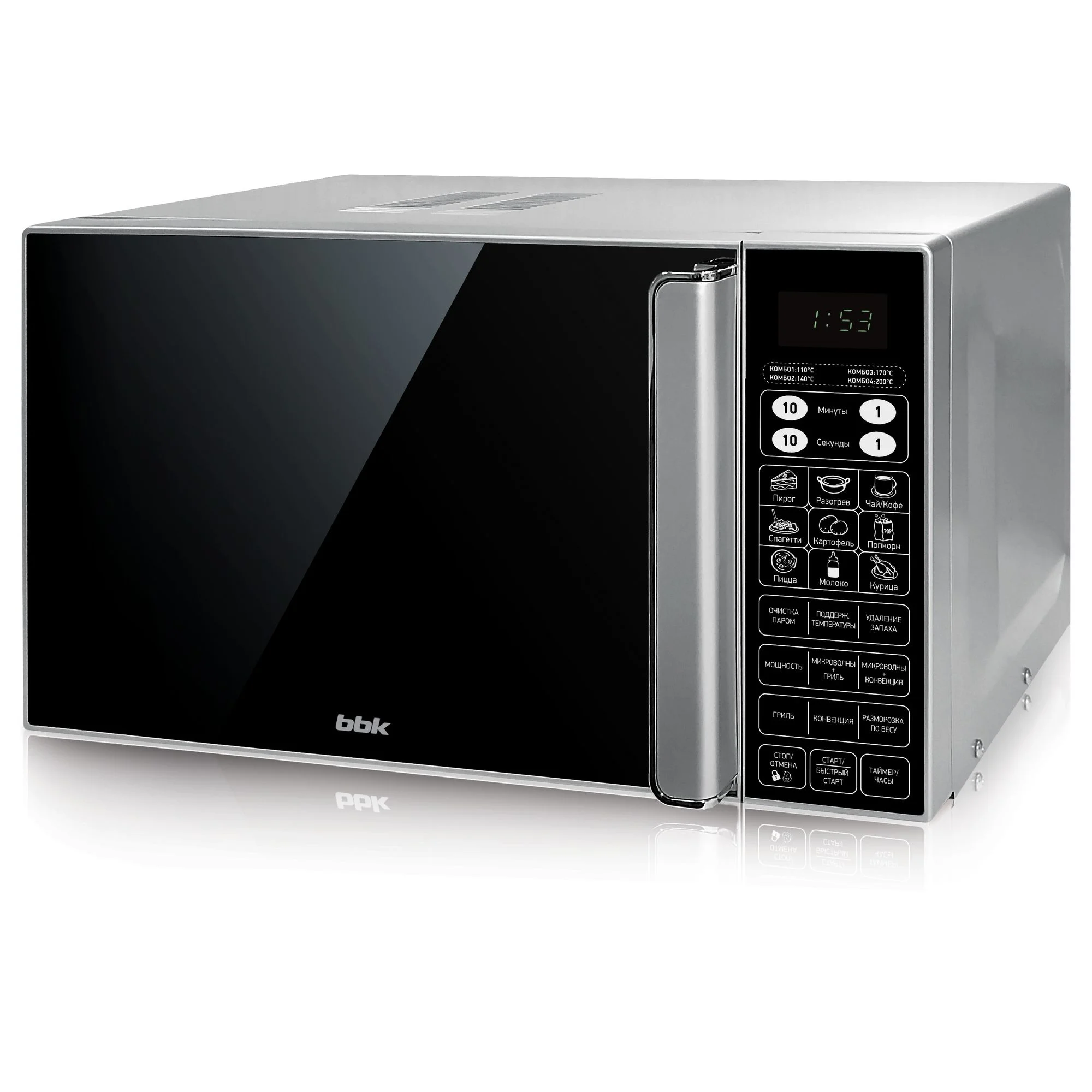 Микроволновая печь BBK 23MWC-982S/SB-M серебристый/черный, 23 л, 900 Вт, переключатели - сенсор