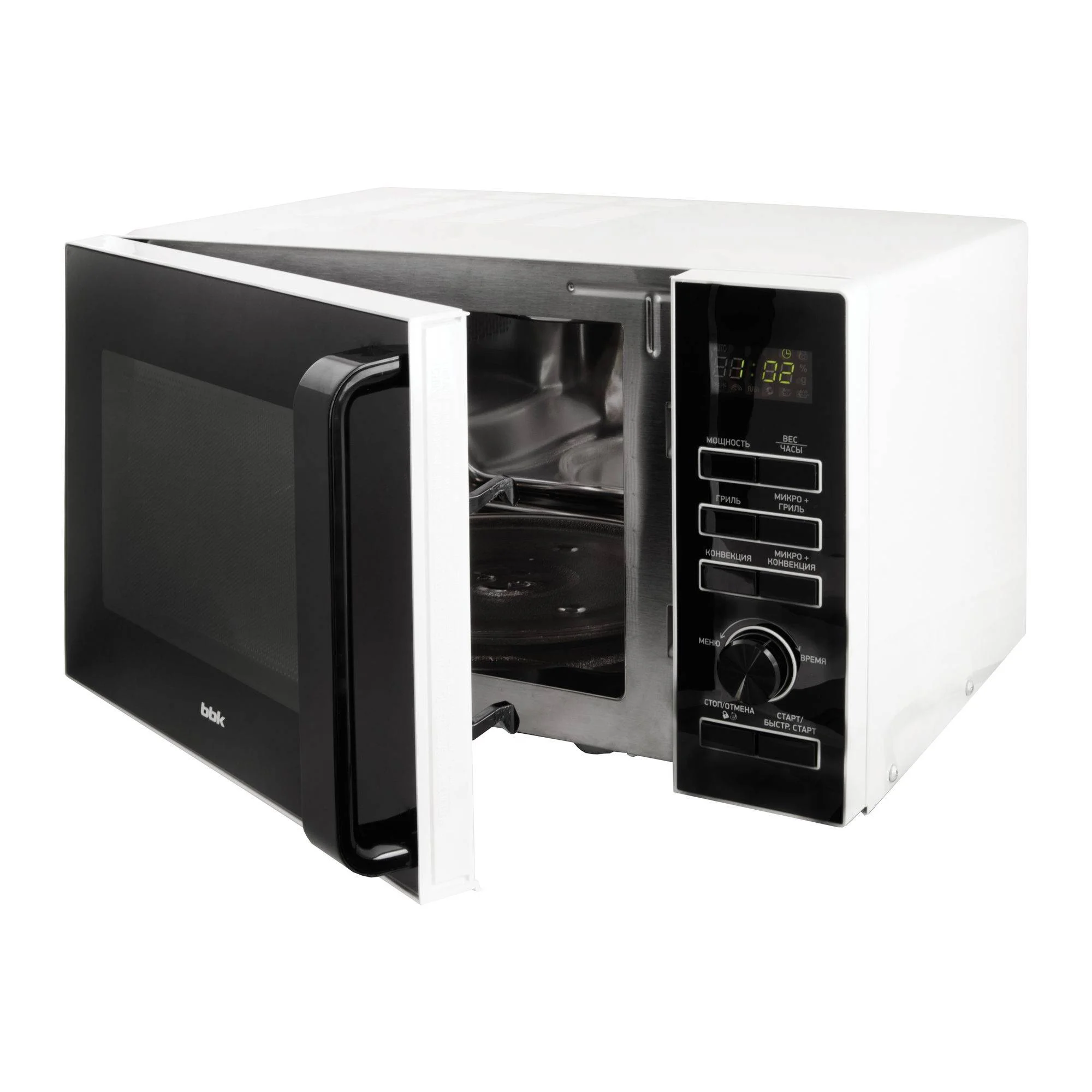 Микроволновая печь BBK 25MWC-992T/WB белый/черный, 25 л, 900 Вт, переключатели - кнопки, поворотный механизм