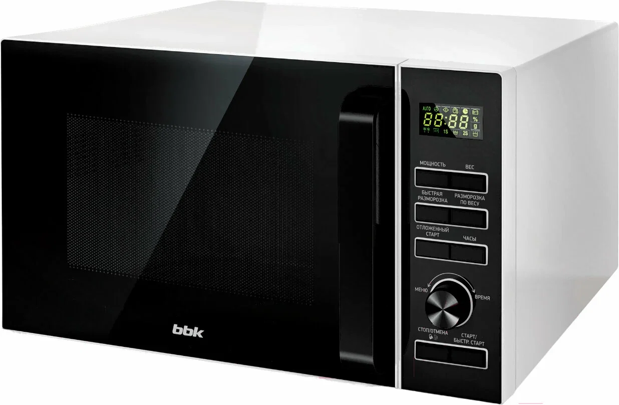 Микроволновая печь BBK 25MWC-992T/WB белый/черный, 25 л, 900 Вт, переключатели - кнопки, поворотный механизм