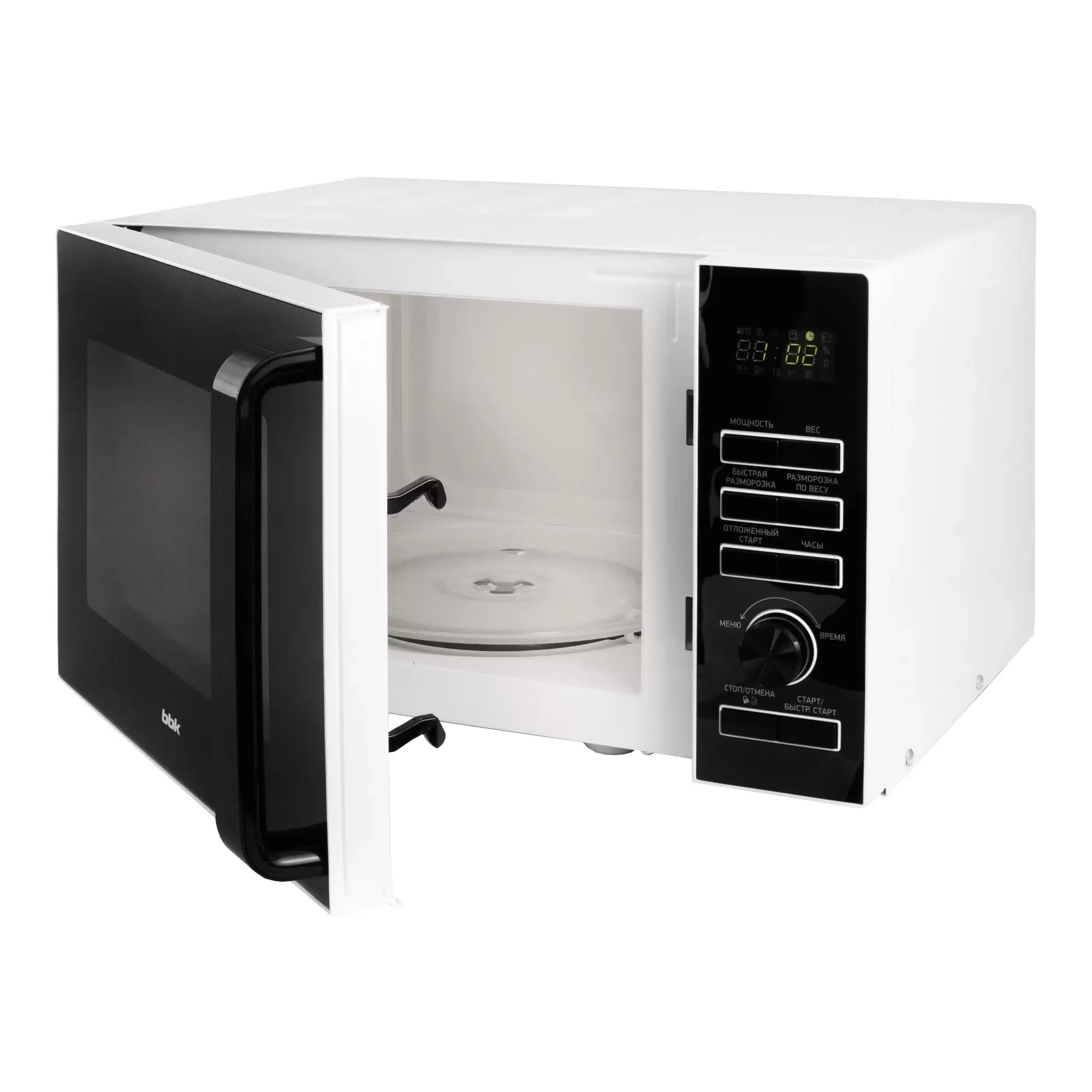 Микроволновая печь BBK 25MWS-970T/WB белый, 25 л, 900 Вт, переключатели - кнопки, поворотный механизм