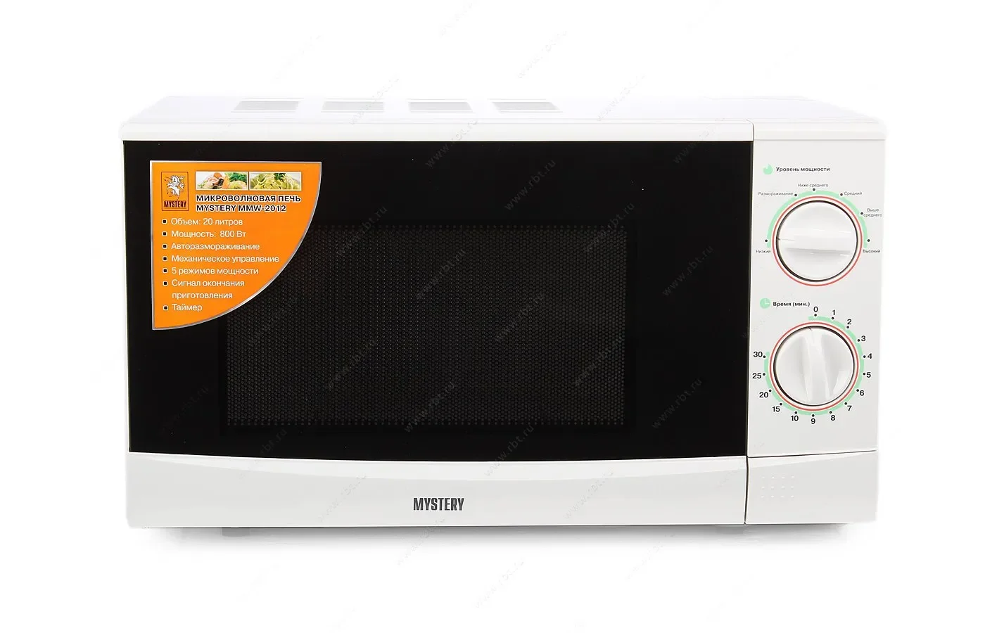 Микроволновая печь Mystery MMW-2012 белый, 20 л, 800 Вт, переключатели - поворотный механизм