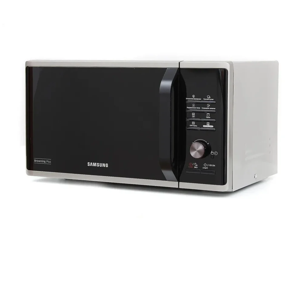 Микроволновая печь Samsung MG23K3515AS/BW серебристый/черный, 23 л, 800 Вт, переключатели - кнопки, поворотный механизм