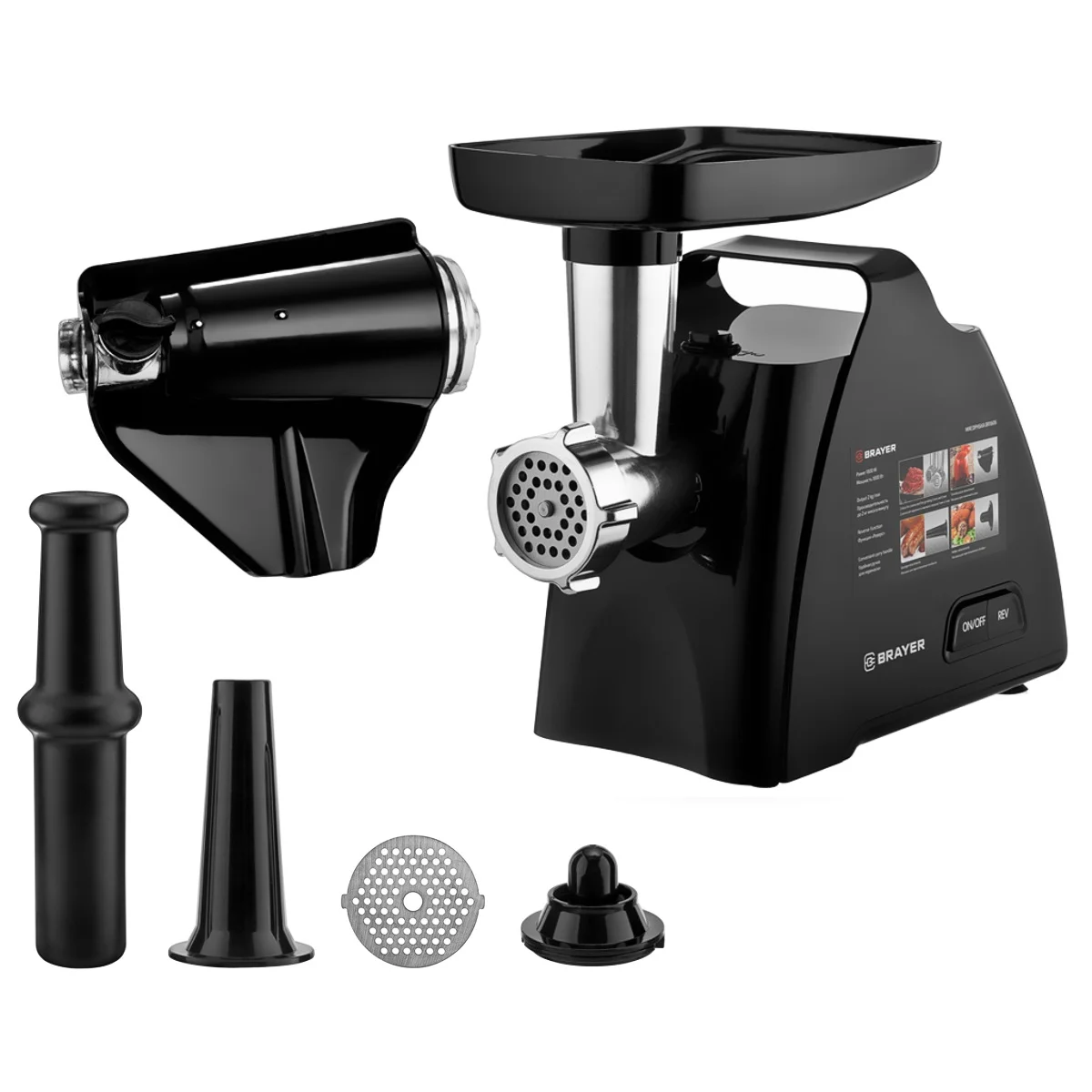 Мясорубка BRAYER BR1606, 1800 Вт,2 диска 3 и 5 мм, насад.для.том.сока!кеббе,колбасы,реверс