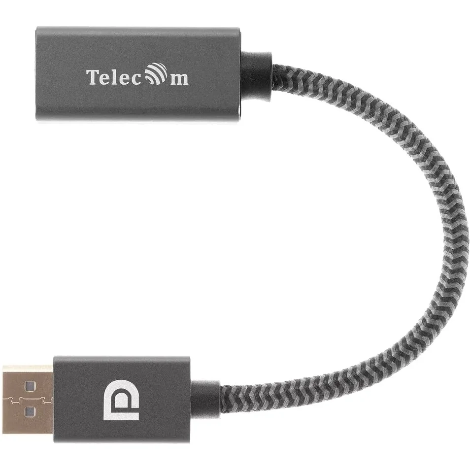 Кабель-переходник DP --> HDMI-F 0.2m , серый металлик, оплетка, 4K@60Hz, Telecom