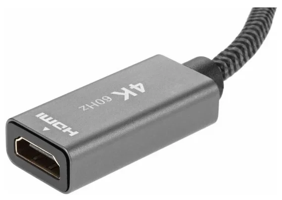 Кабель-переходник DP --> HDMI-F 0.2m , серый металлик, оплетка, 4K@60Hz, Telecom