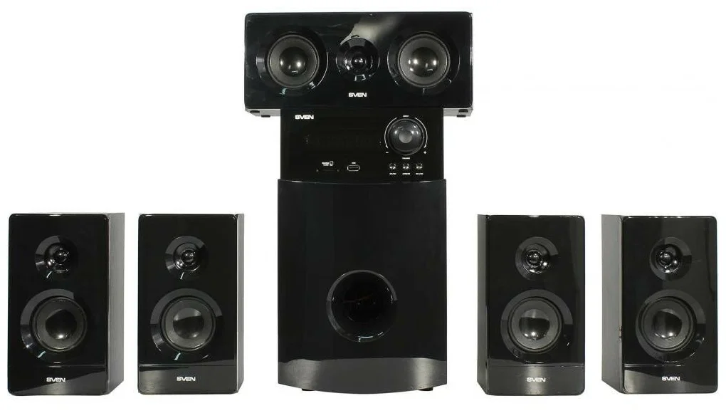 SVEN HT-210, чёрный, акустическая система 5.1, мощность (RMS):50Вт+5x15Вт, Bluetooth, Optical, Coaxial, FM-тюнер, USB/SD
