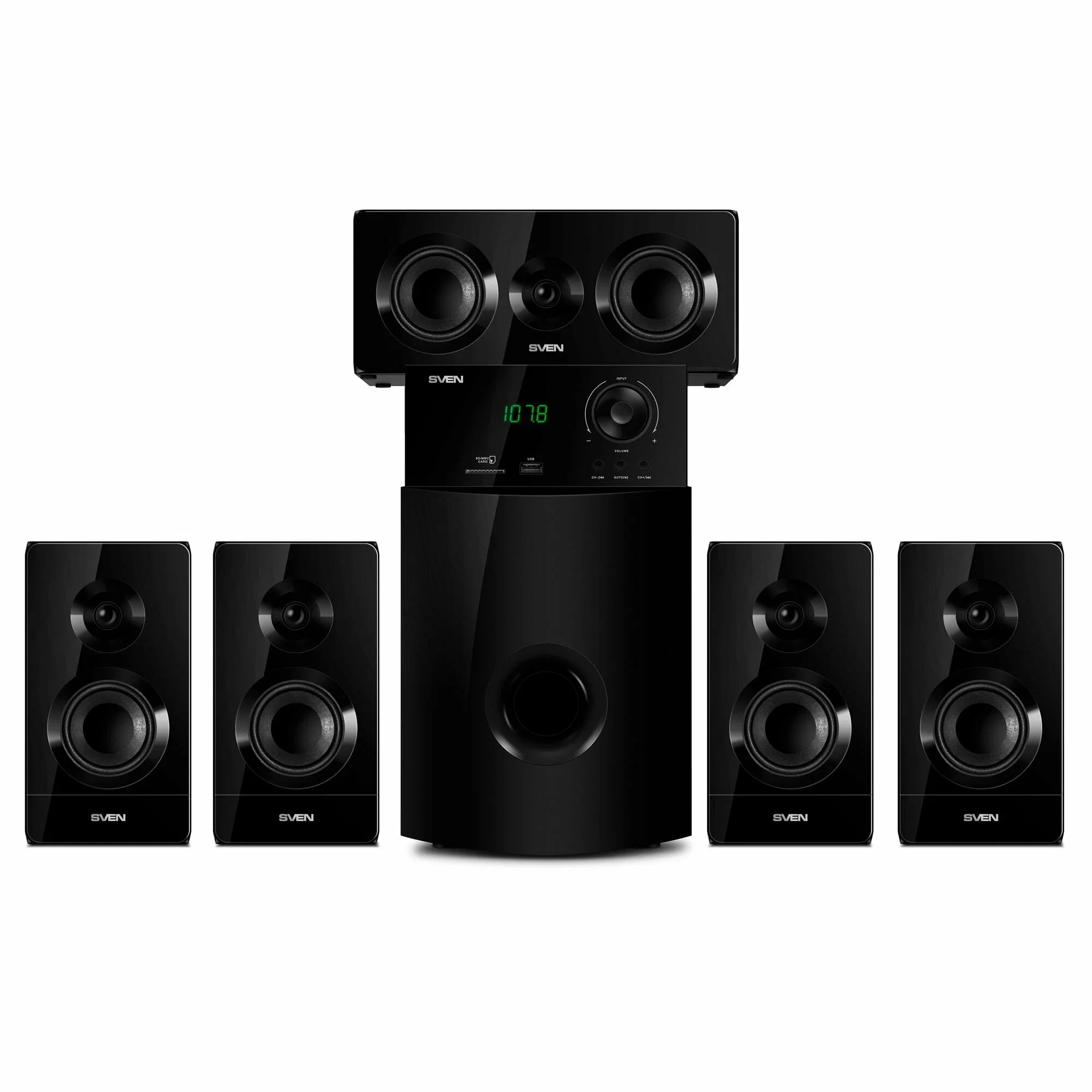 SVEN HT-210, чёрный, акустическая система 5.1, мощность (RMS):50Вт+5x15Вт, Bluetooth, Optical, Coaxial, FM-тюнер, USB/SD