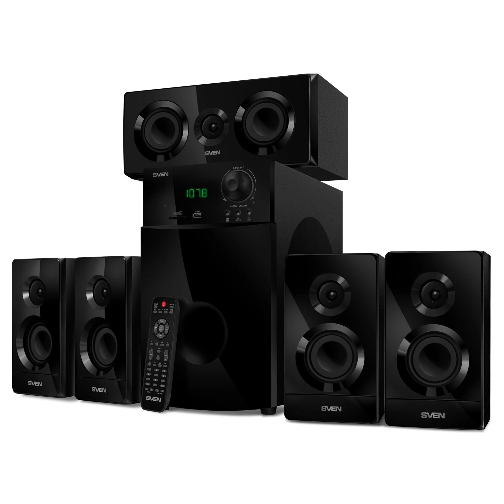 SVEN HT-210, чёрный, акустическая система 5.1, мощность (RMS):50Вт+5x15Вт, Bluetooth, Optical, Coaxial, FM-тюнер, USB/SD