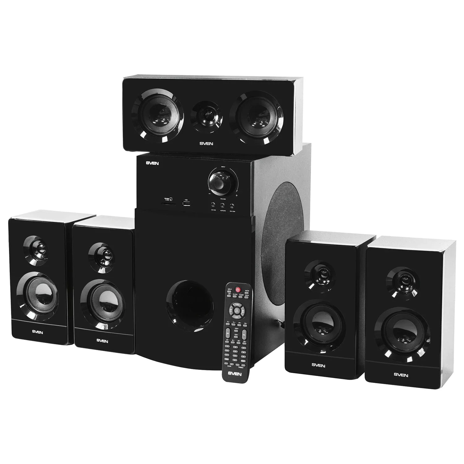 SVEN HT-210, чёрный, акустическая система 5.1, мощность (RMS):50Вт+5x15Вт, Bluetooth, Optical, Coaxial, FM-тюнер, USB/SD