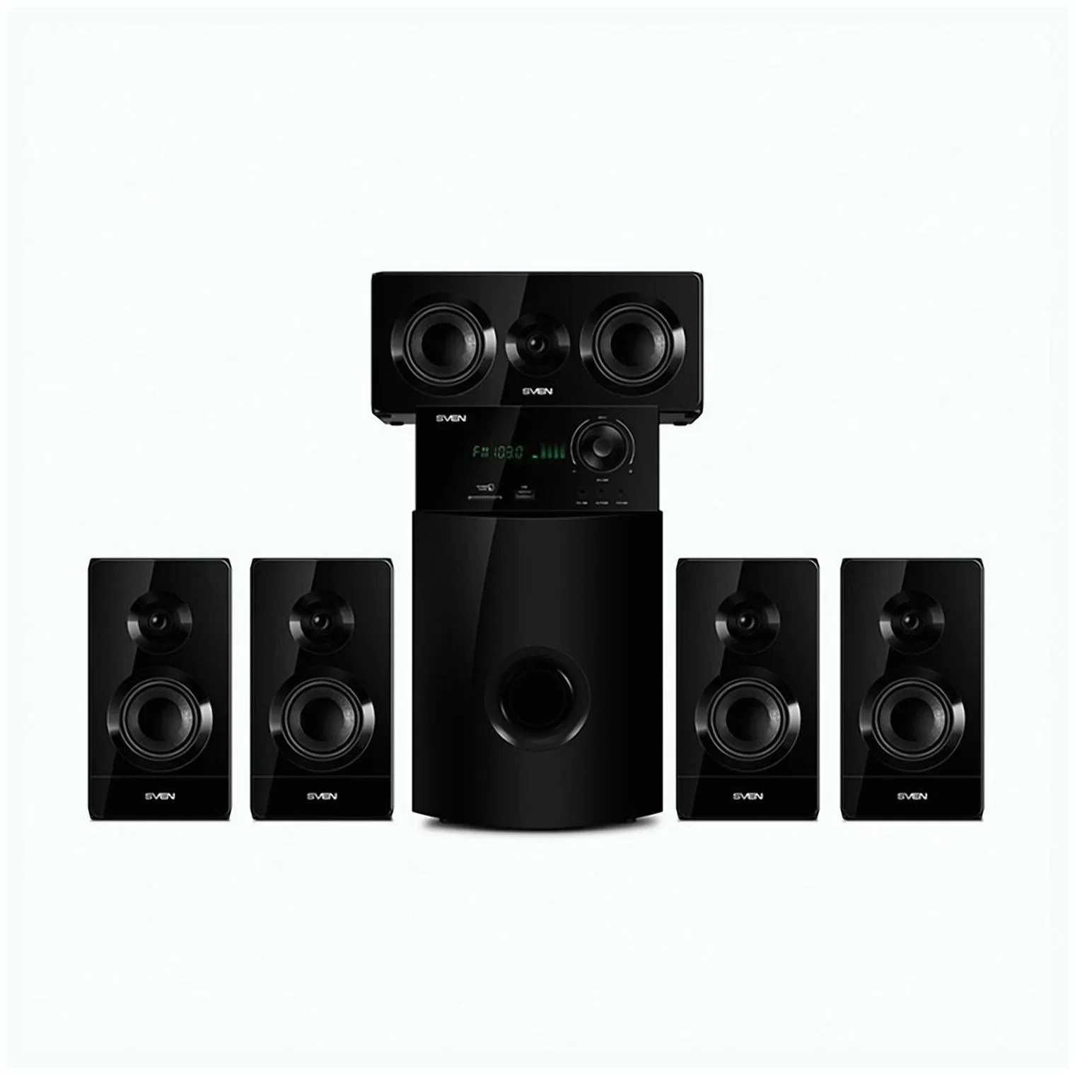 SVEN HT-210, чёрный, акустическая система 5.1, мощность (RMS):50Вт+5x15Вт, Bluetooth, Optical, Coaxial, FM-тюнер, USB/SD