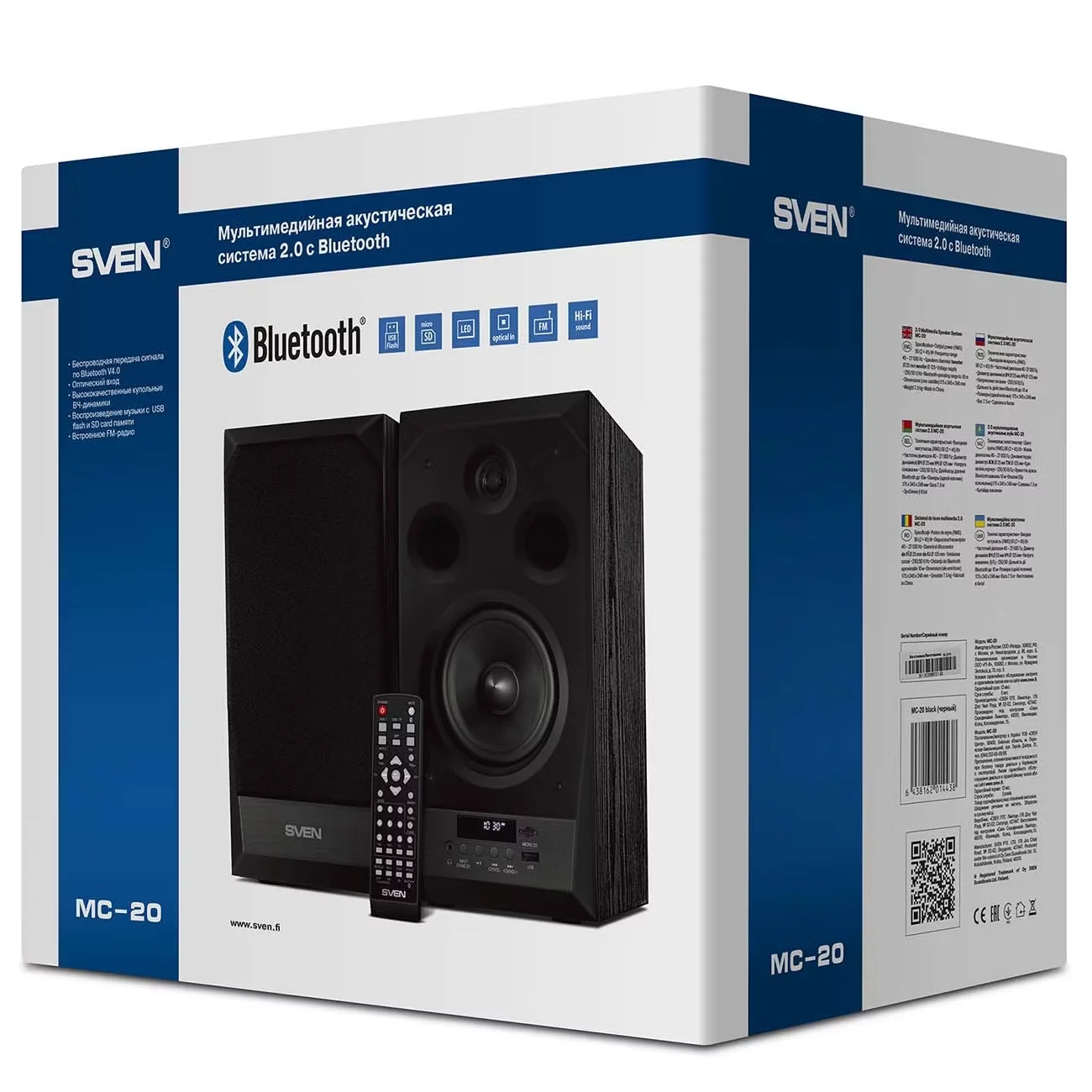 SVEN MC-20, чёрный, акустическая система 2.0, мощность 2x45Вт (RMS), FM-тюнер, USB/microSD, дисплей, пульт ДУ, Bluetooth