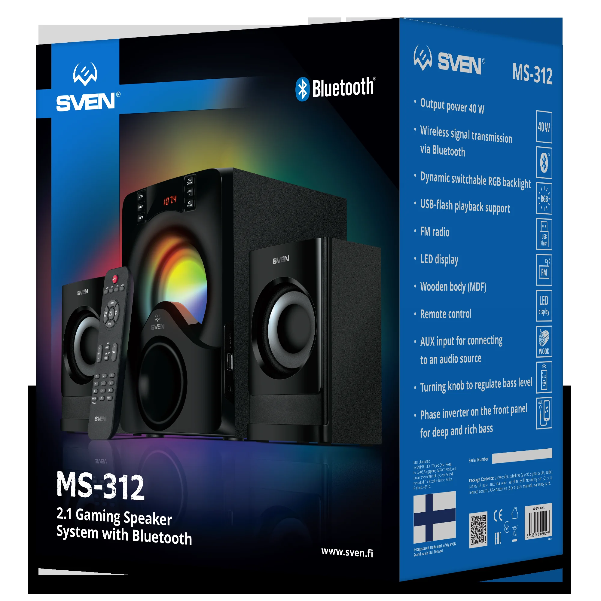 SVEN MS -312, черный (40 Вт, Bluetooth, подсветка, пульт, дисплей, FM, USB)