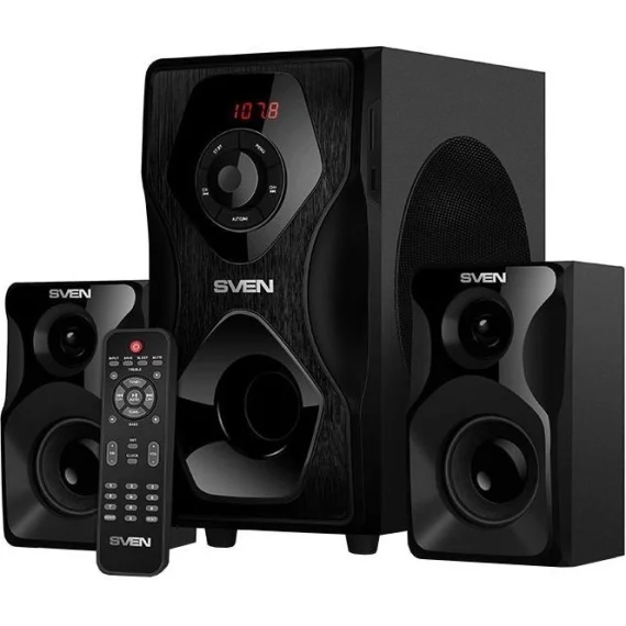 SVEN MS-2055, чёрный, акустическая система 2.1, мощность (RMS):30Вт + 2x12.5 Вт, FM-тюнер, USB/SD, дисплей, пульт ДУ, Bl