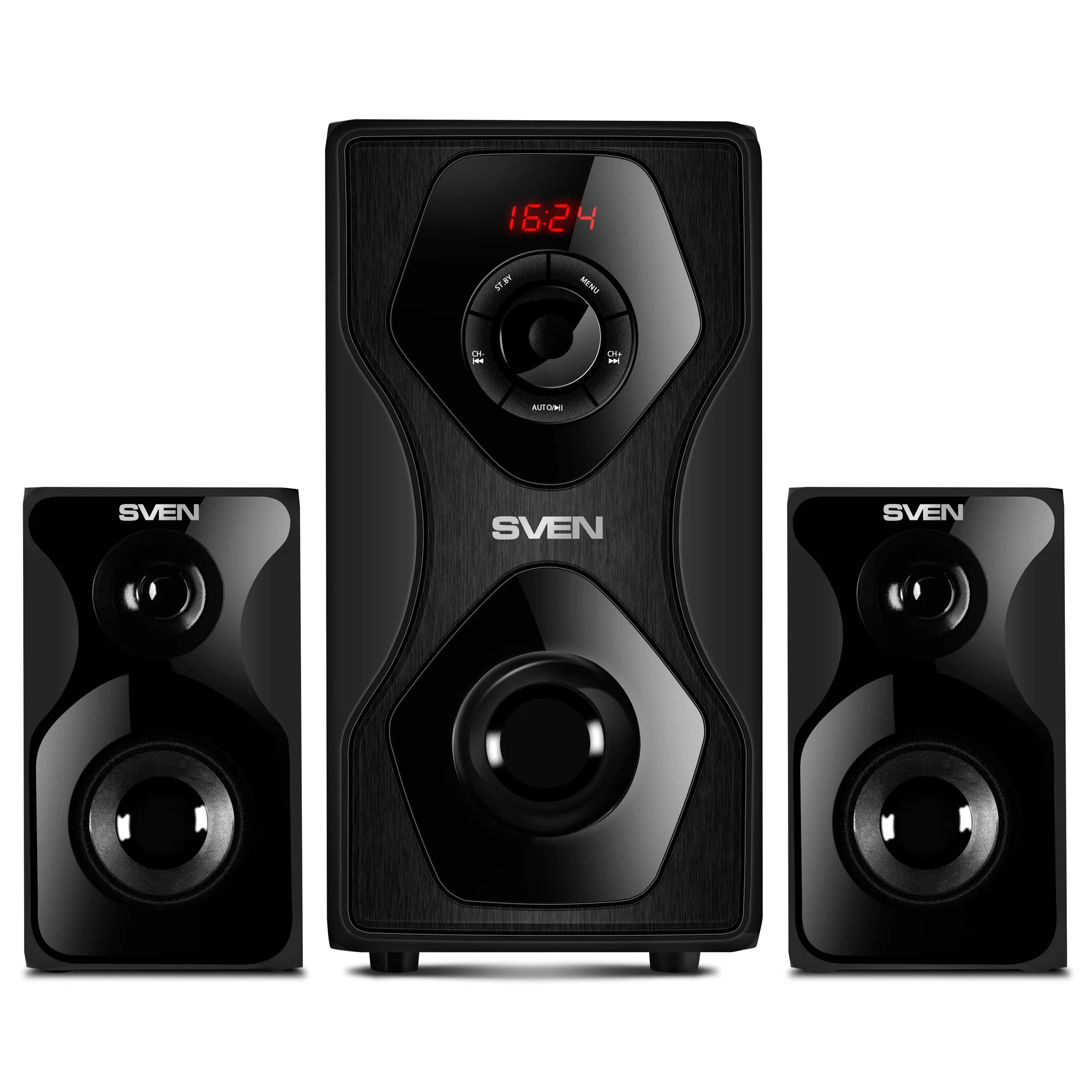 SVEN MS-2055, чёрный, акустическая система 2.1, мощность (RMS):30Вт + 2x12.5 Вт, FM-тюнер, USB/SD, дисплей, пульт ДУ, Bl