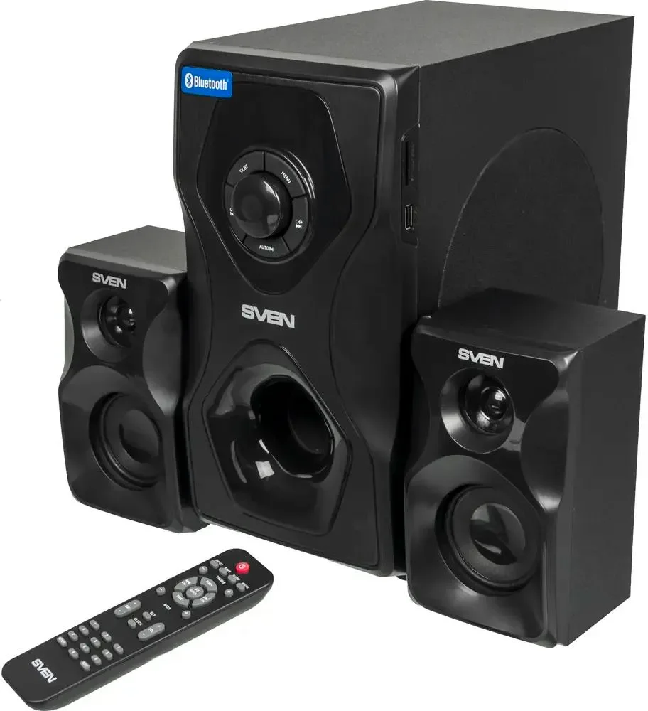 SVEN MS-2055, чёрный, акустическая система 2.1, мощность (RMS):30Вт + 2x12.5 Вт, FM-тюнер, USB/SD, дисплей, пульт ДУ, Bl