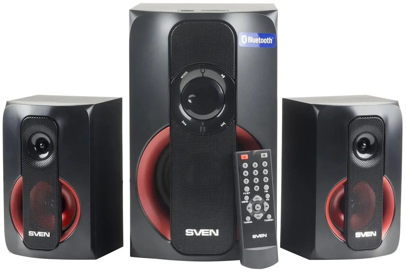 SVEN MS-304, черный, акустическая система 2.1, мощность (RMS): 20 Вт + 2x10 Вт, FM-тюнер, USB/SD, дисплей, ПДУ, Bluetoot