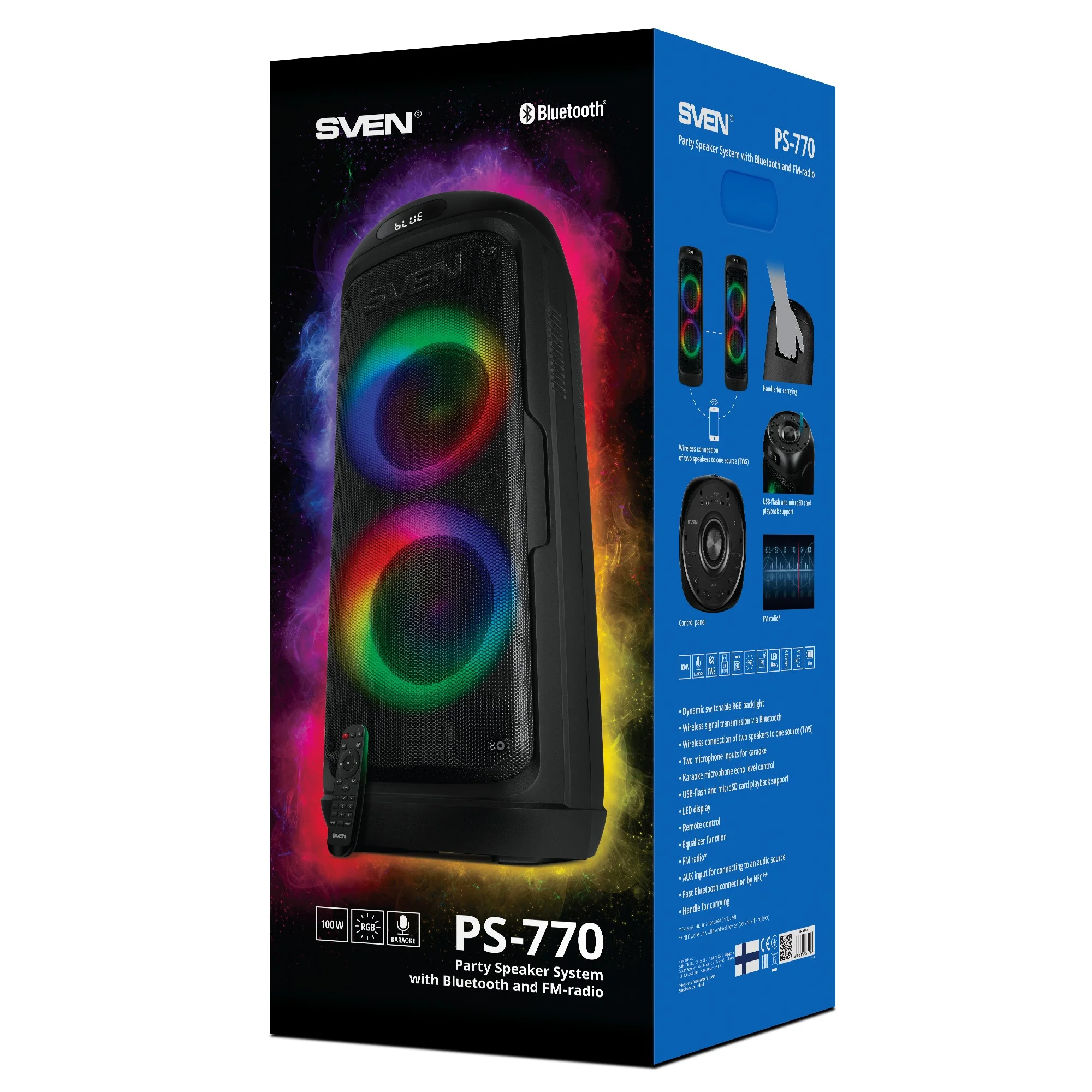 SVEN PS-770, черный (100 Вт, TWS, Bluetooth, FM, USB, microSD, LED-дисплей, 4400мА*ч)
