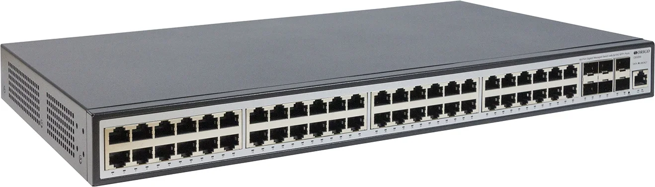 Коммутатор ORIGO Managed L3 Switch 24x1000Base-T PoE, 4x10Gbase-X SFP+, PoE Budget 370W, RJ45 Console, 19" w/brackets