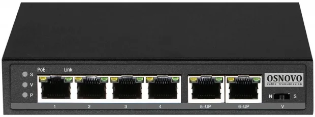 Коммутатор Osnovo SW-20600/D удлинитель FE на 6 портов с питанием по PoE, 4 *10/100 Base-T PoE, 1 *10/100 Base-T Uplink с поддержкой питания по PoE (д