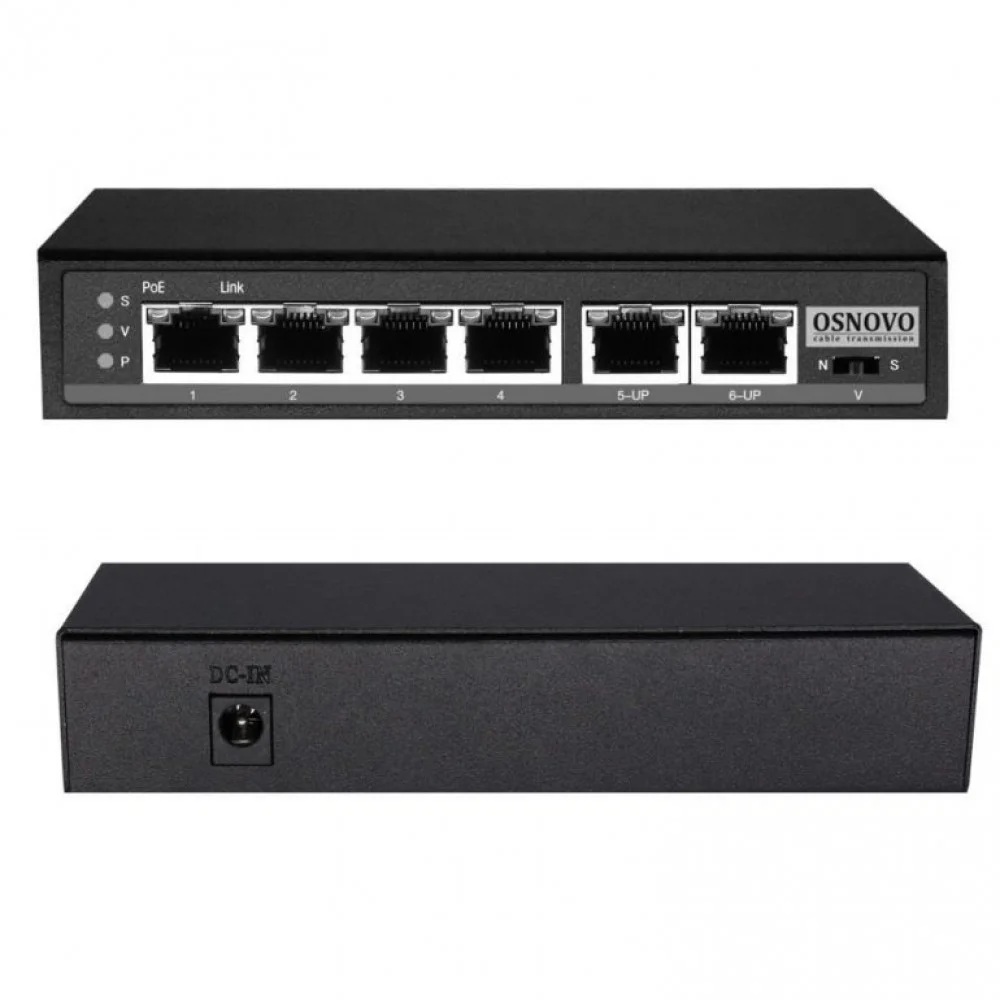 Коммутатор Osnovo SW-20600/D удлинитель FE на 6 портов с питанием по PoE, 4 *10/100 Base-T PoE, 1 *10/100 Base-T Uplink с поддержкой питания по PoE (д