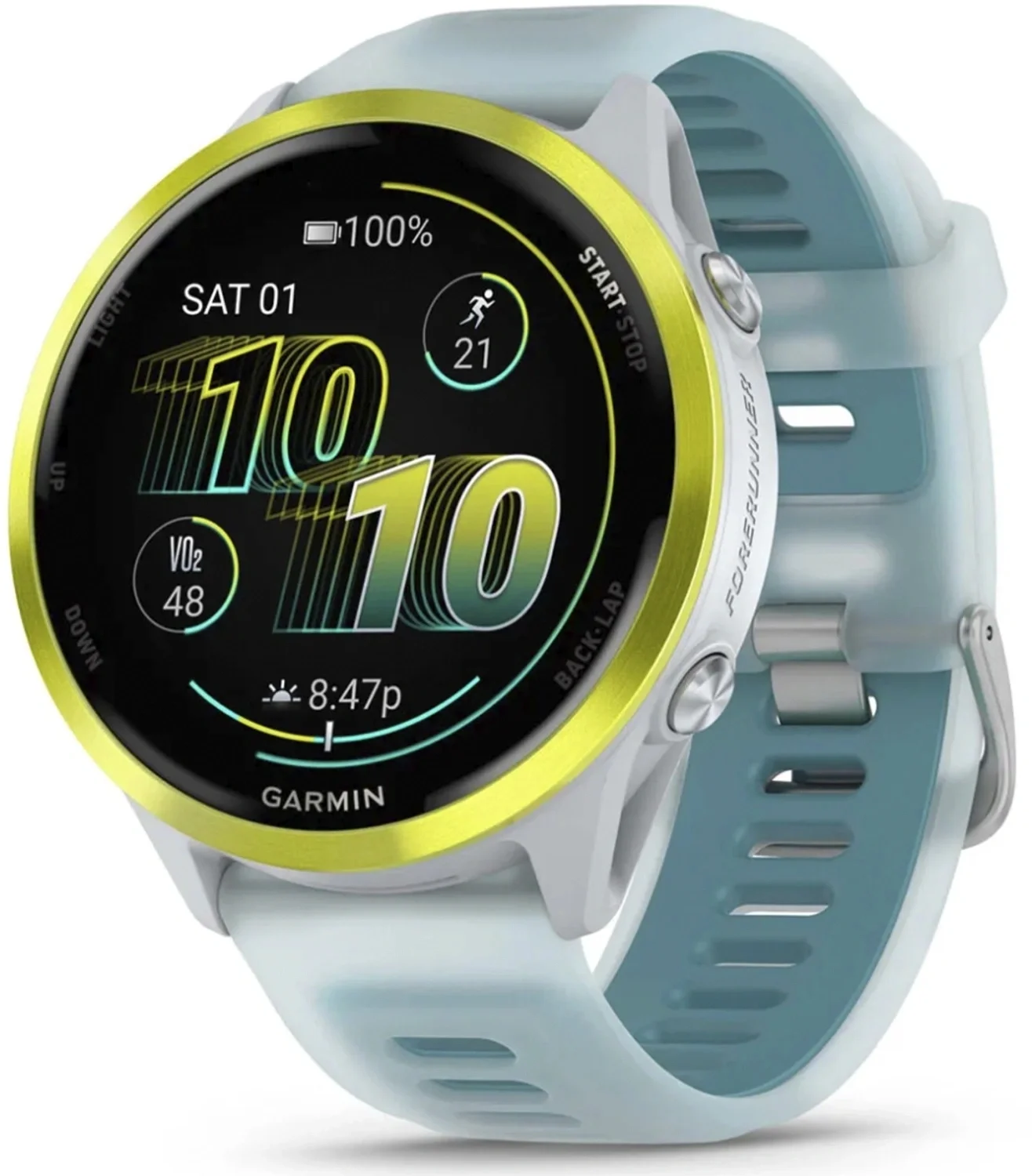 Умные часы Garmin Forerunner 570 белый, желный безель, бирюзовый ремешок 47мм