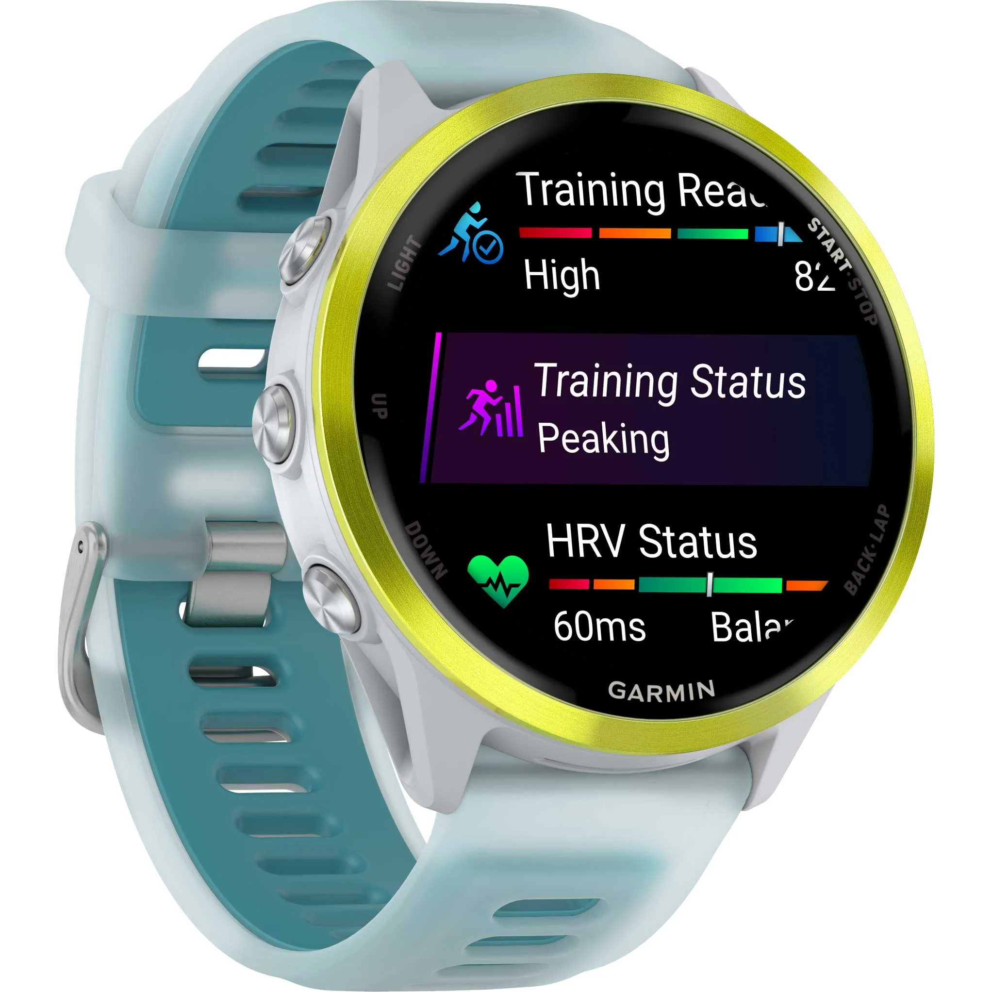 Умные часы Garmin Forerunner 570 белый, желный безель, бирюзовый ремешок 47мм