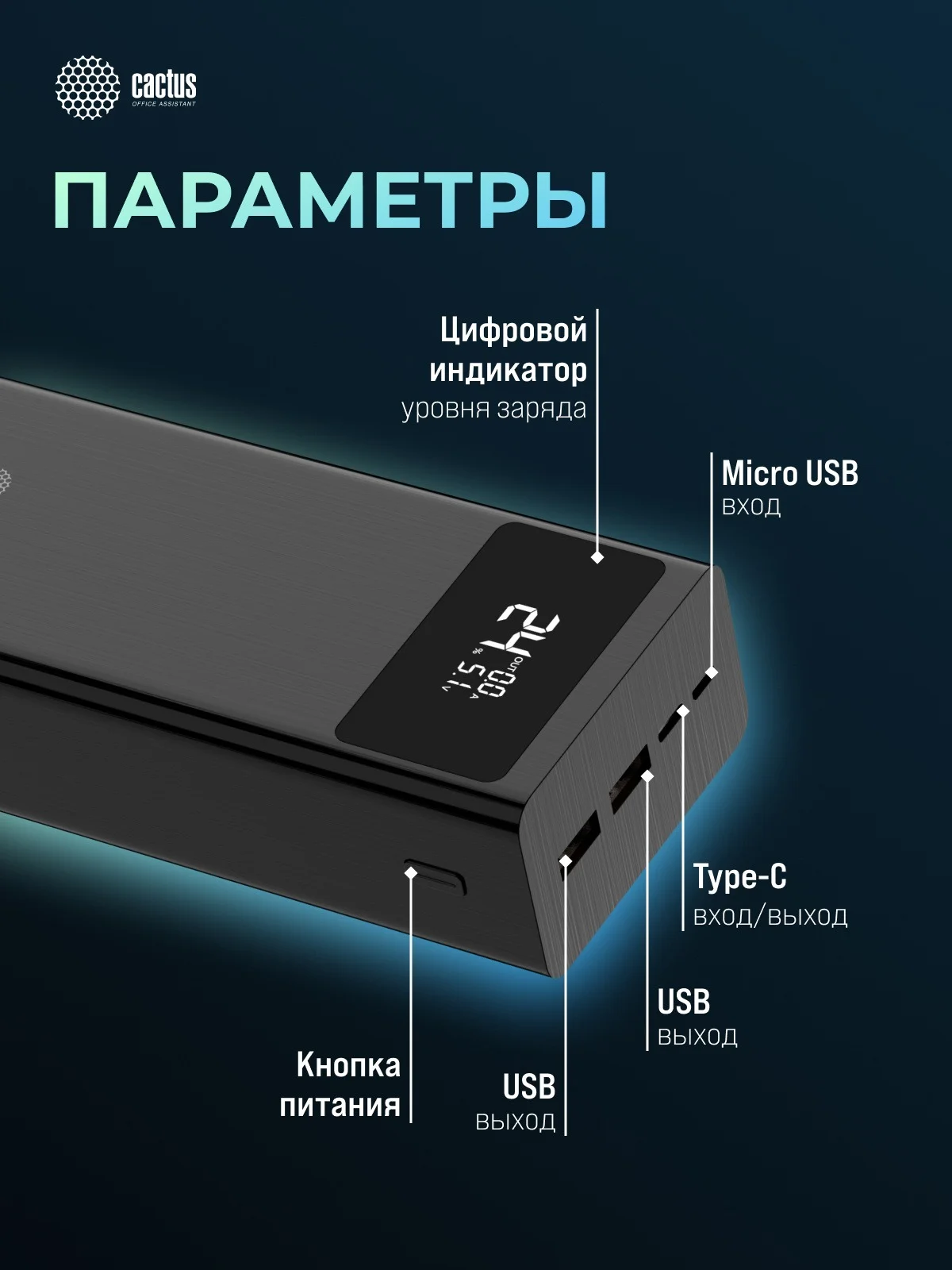 Портативный аккумулятор Cactus CS-PBFSKA-30000 30000mAh 22.5W 4.5A USB-A/USB-C черный