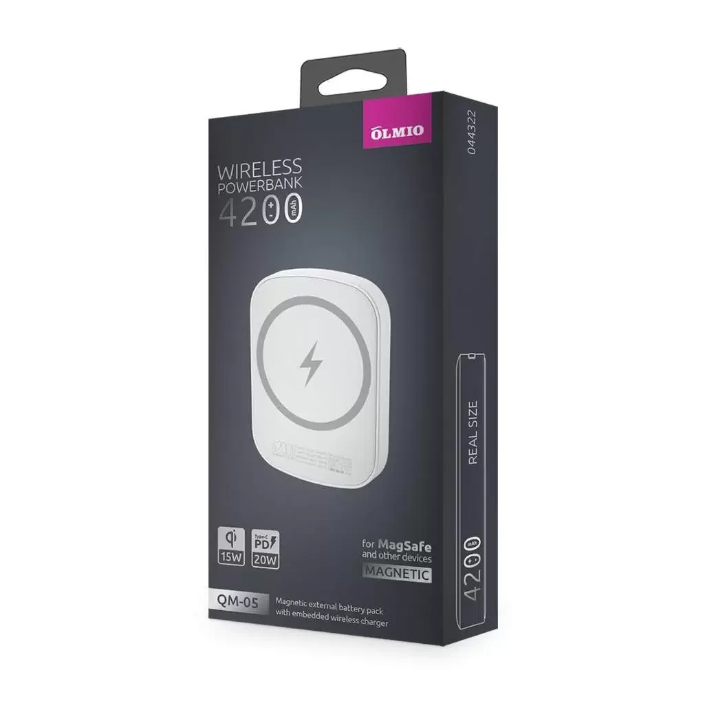 Портативный аккумулятор OLMIO QM-05, 4200mAh, 20W PowerDelivery, 15W wireless, белый