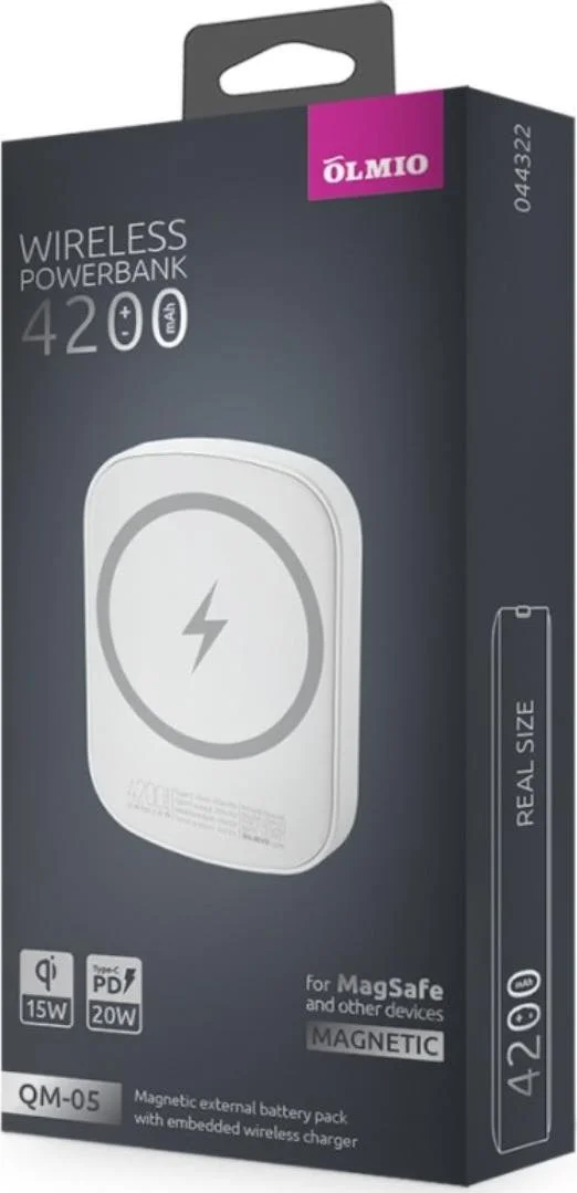 Портативный аккумулятор OLMIO QM-05, 4200mAh, 20W PowerDelivery, 15W wireless, белый