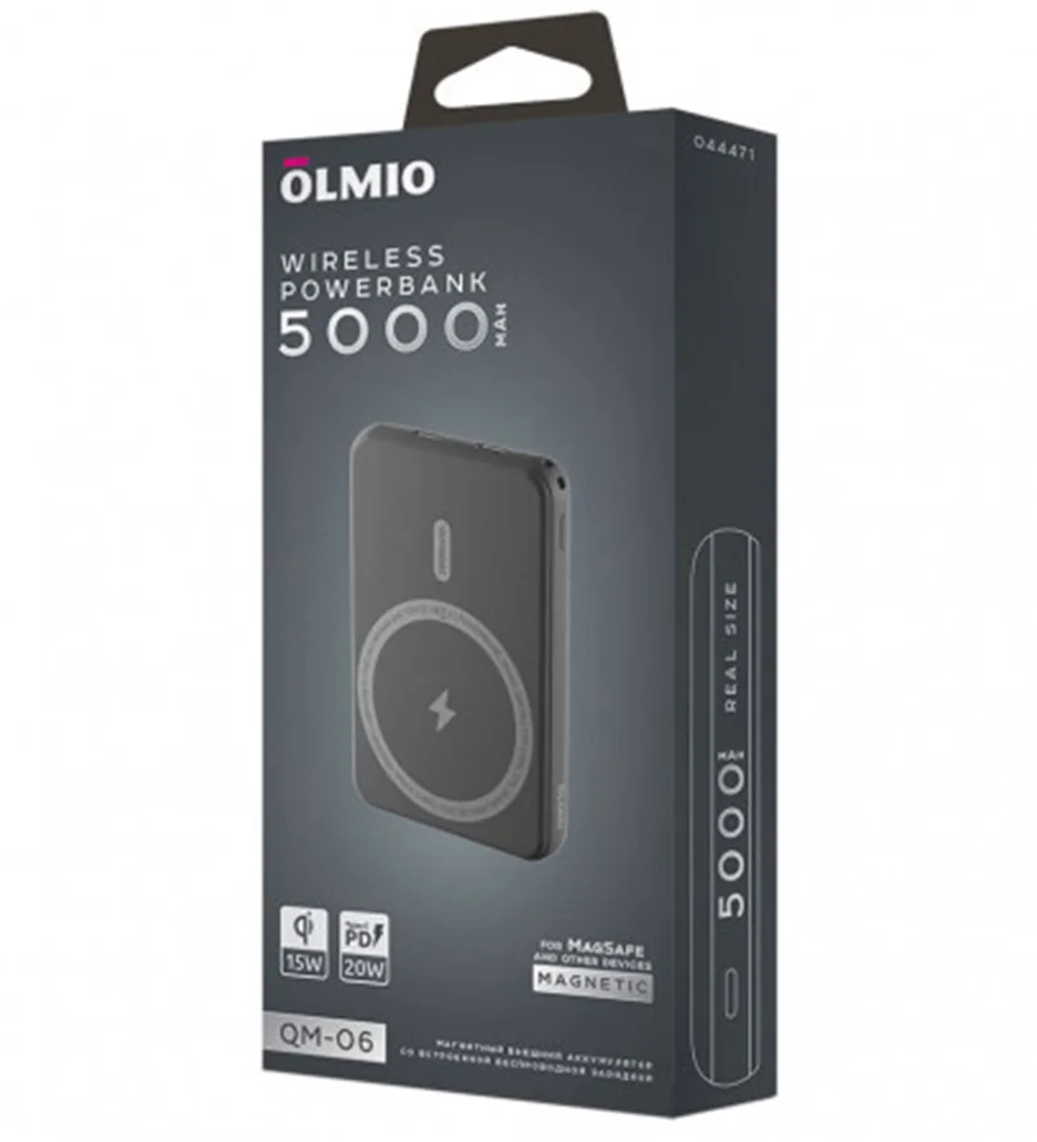 Портативный аккумулятор OLMIO QM-06, 5000mAh, 20W Type-C PD, MagSafe 15W, Soft-Touch, серый