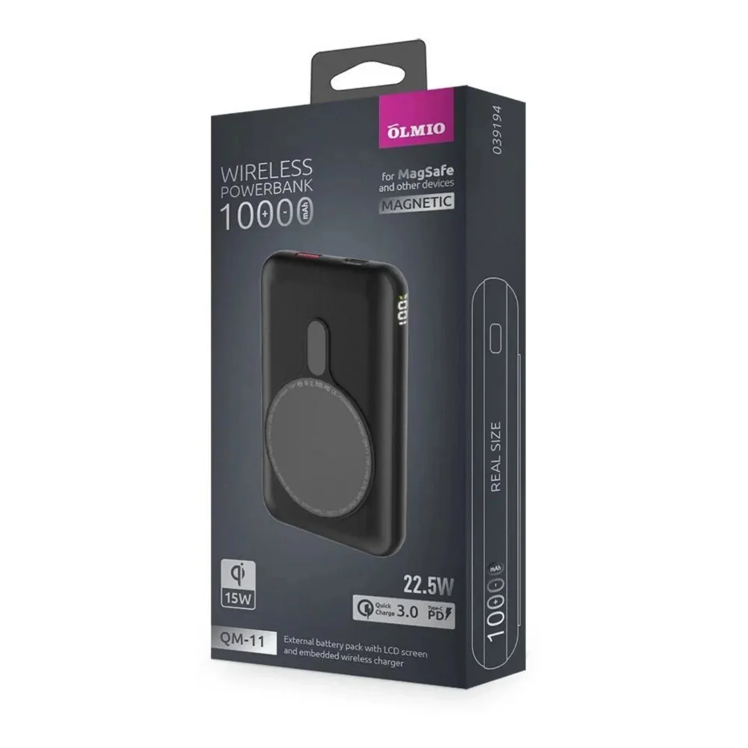 Портативный аккумулятор OLMIO QM-11, 10000mAh, 22.5W QuickCharge3.0/PowerDelivery, 15W wireless, серый