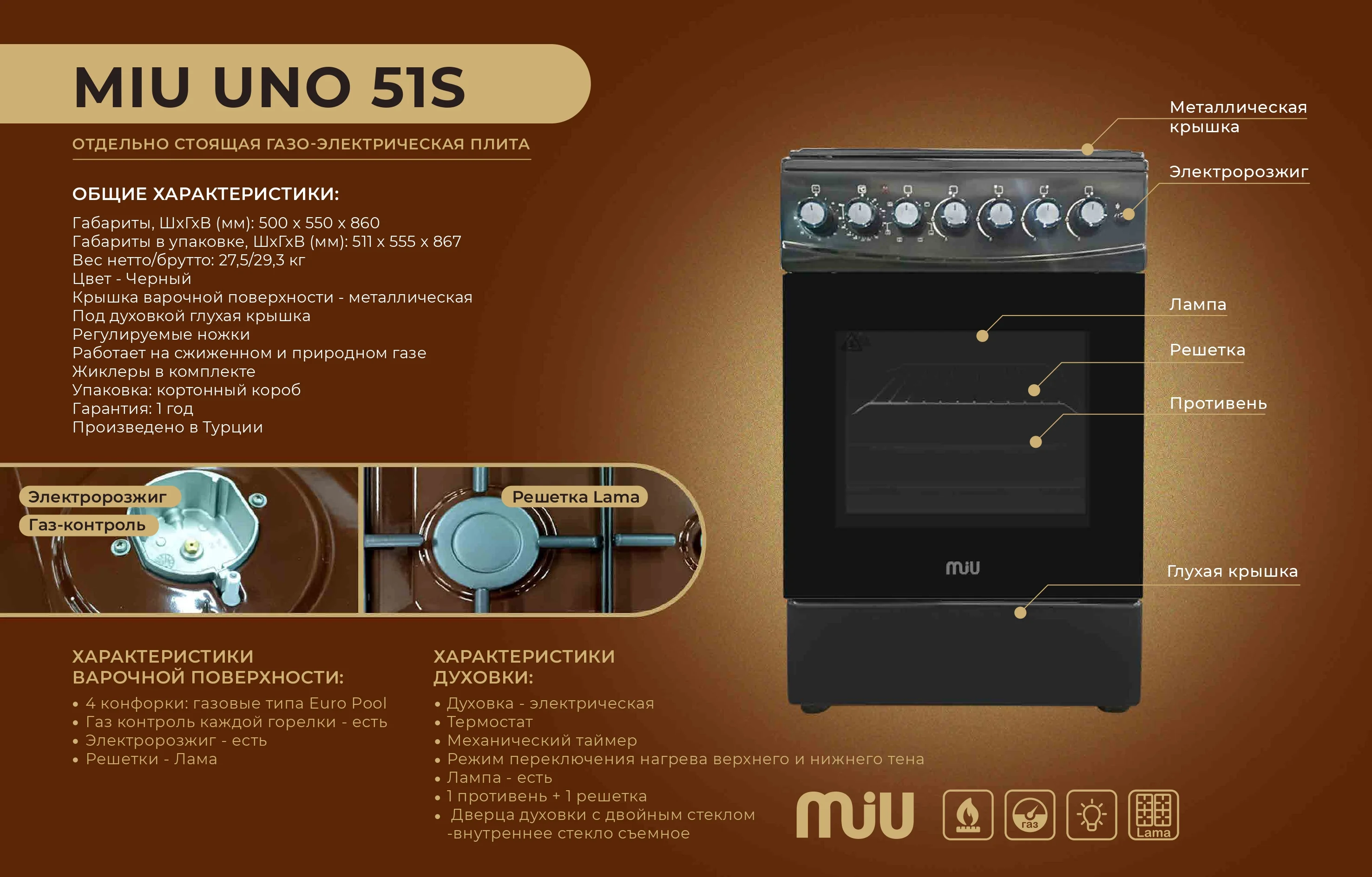 Плита комбинированная MIU UNO 51S черная 50х50х85 ГК поверхностиэл поджиг