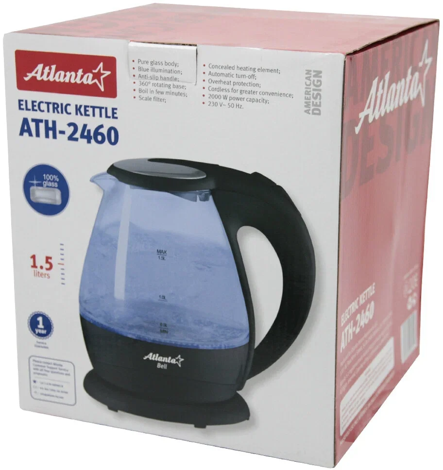 Чайник электрический Atlanta ATH-2460 черный стеклянный