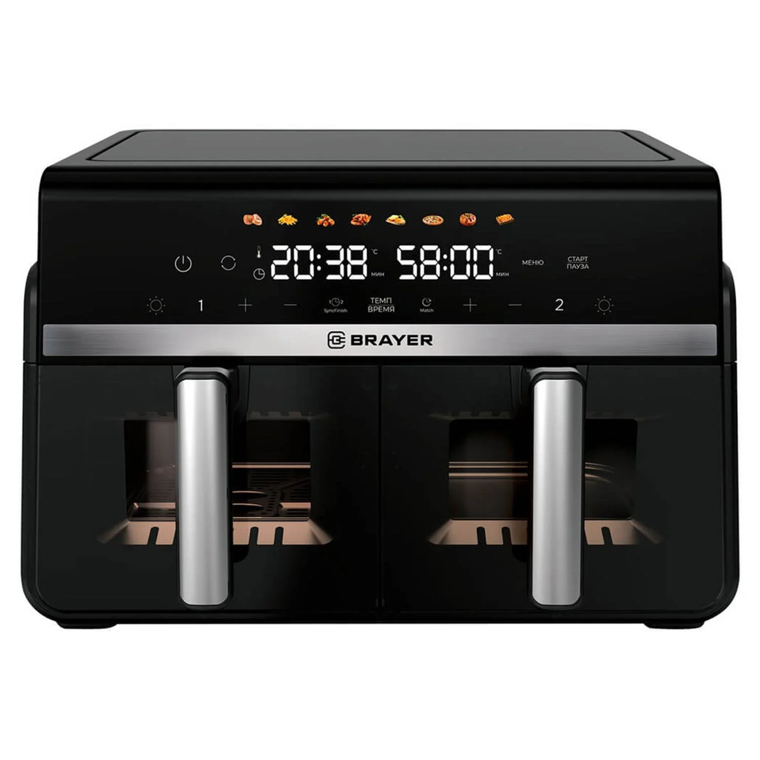 Аэрогриль BRAYER,2000 Вт, 8 л, t. 200С, LED-дисплей, 12 программ 2 ТЭНА  2059BR