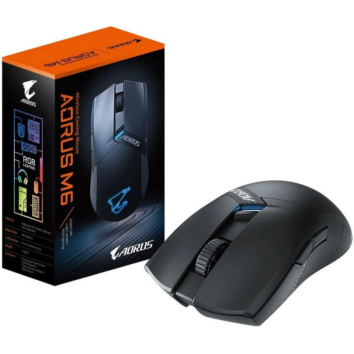 Мышь беспроводная/проводная Gigabyte GM-AORUS M6 черный, 26000 dpi, радиоканал, USB, кнопки - 8