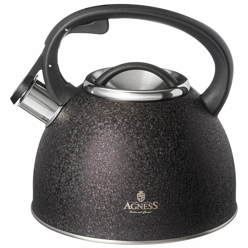 ЧАЙНИК AGNESS СО СВИСТКОМ, 2,5Л, C ШИЛЬДИКОМ, BLACK, ИНДУКЦИОН. КАПСУЛ. ДНО